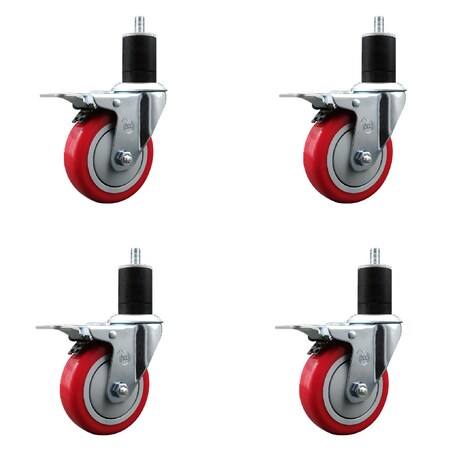 Service Caster 4'' Red Poly Swivel 1-3/4'' Expanding Stem Caster Set Total Lock Brake, 4PK SCC-EXTTL20S414-PPUB-RED-134-4